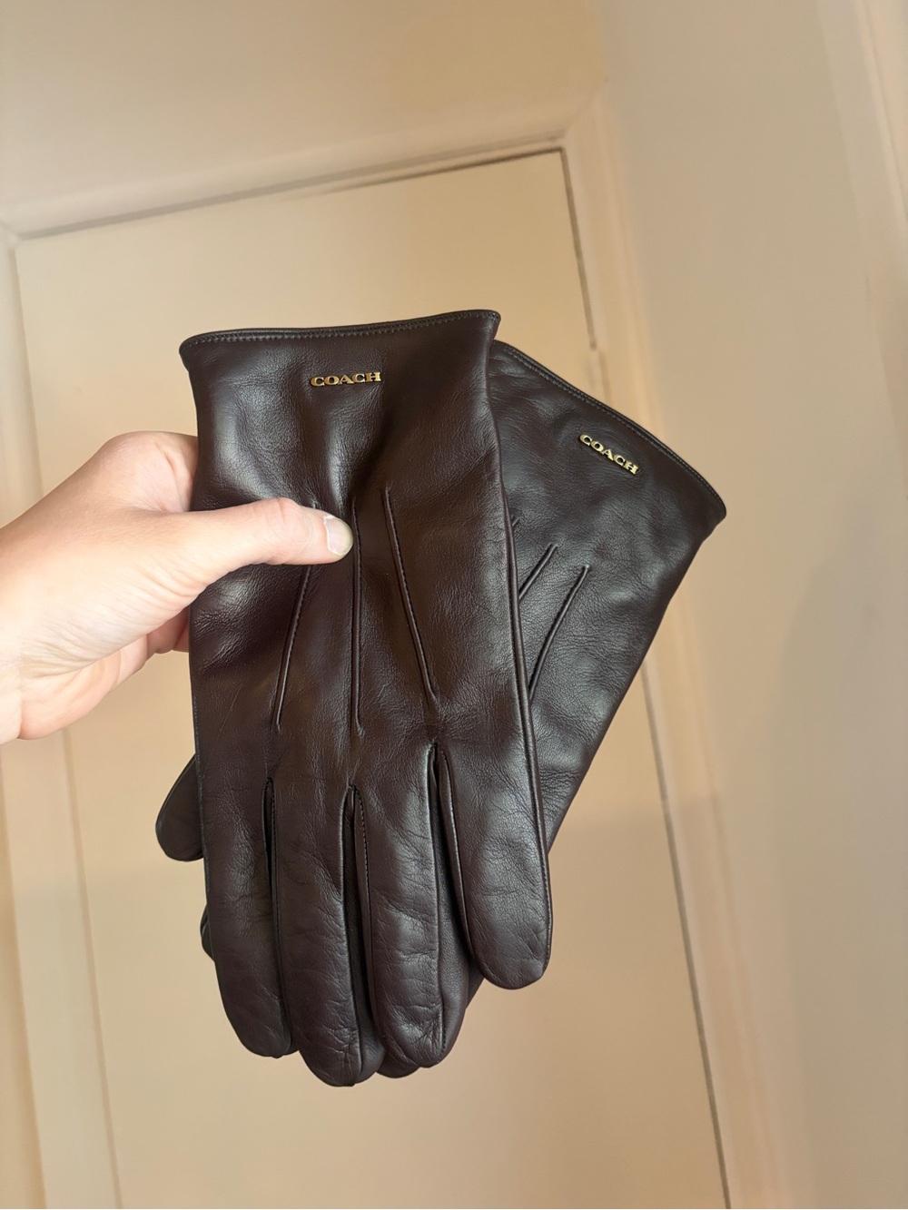 Coach Men's Dark Brown Leather Gloves with Gold Logo